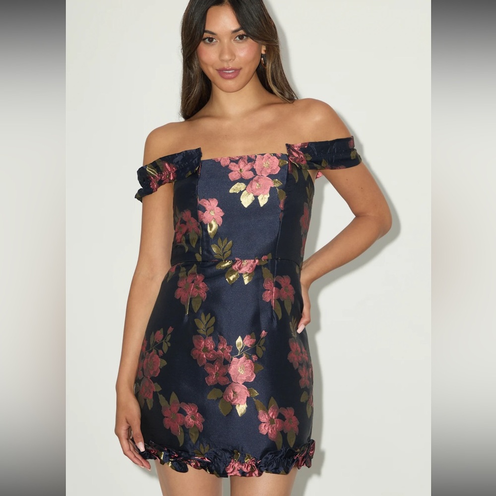Lulus Navy Blue Pop the Bottle Floral Jacquard Ruffled Sleeves Mini Dress NWT L